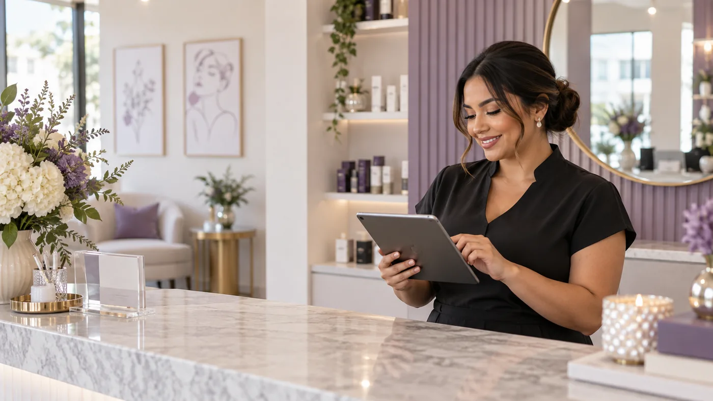 Recepcionista de un estudio de belleza atendiendo solicitudes desde una tableta