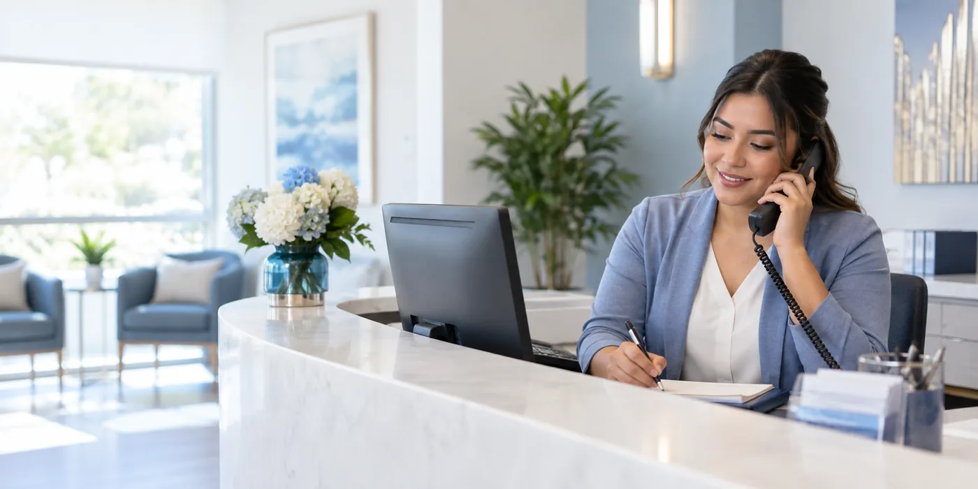 Recepcionista de clínica atendiendo una solicitud administrativa por teléfono