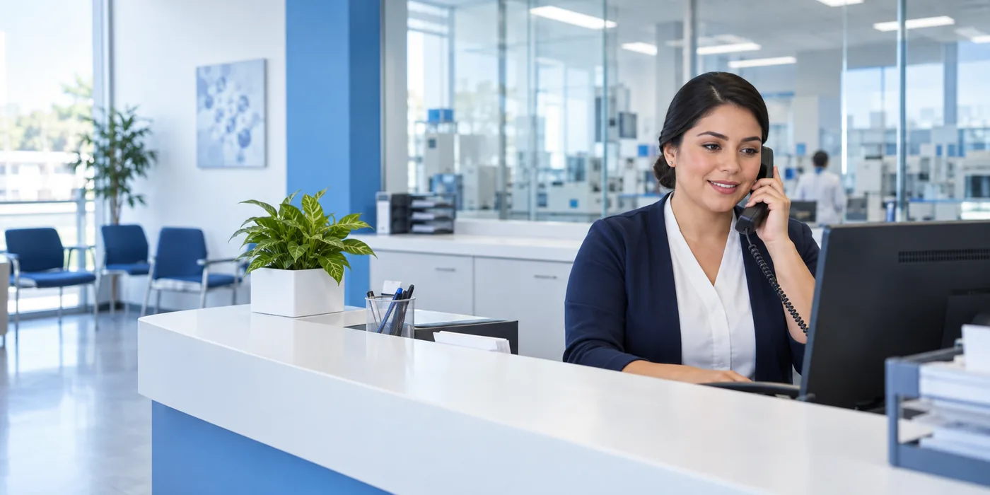Recepcionista de laboratorio dirigiendo una consulta administrativa por teléfono