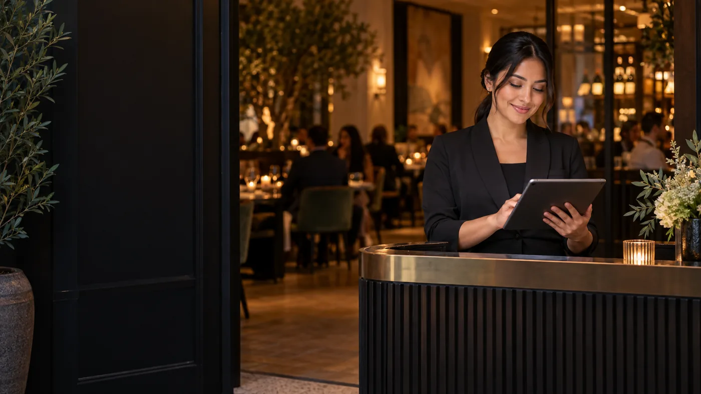 Anfitriona de restaurante organizando solicitudes de reservación en una tableta